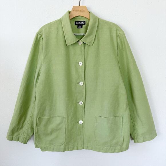 Vintage 90s Green Linen Chore Coat Barn Jacket Lagenlook // Size 16 XL - Picture 1 of 4